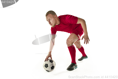 Image of Professional football soccer player with ball isolated white background