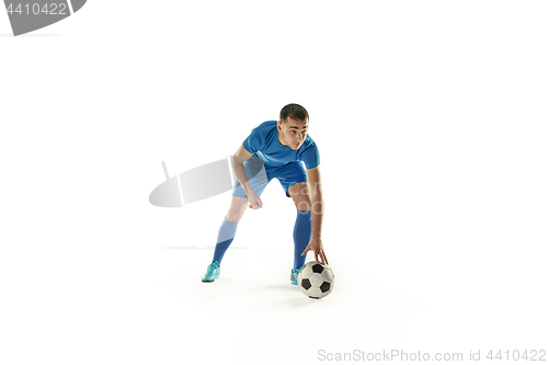 Image of Professional football soccer player with ball isolated white background