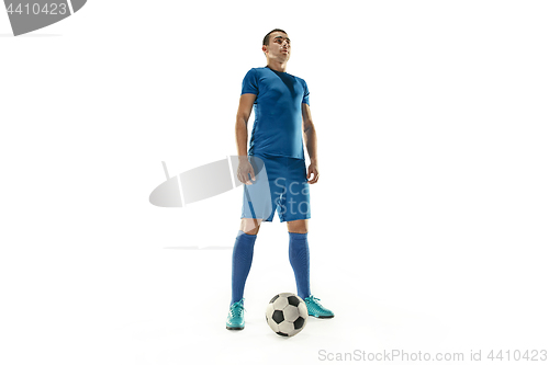 Image of Professional football soccer player with ball isolated white background