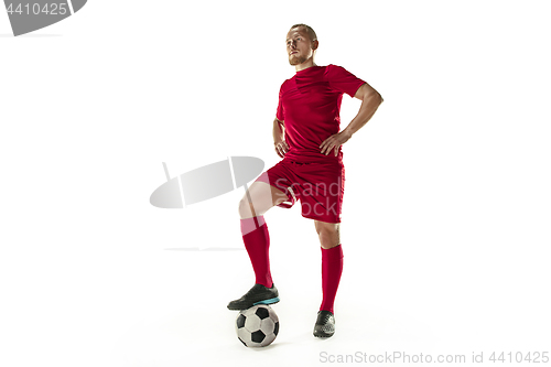 Image of Professional football soccer player with ball isolated white background