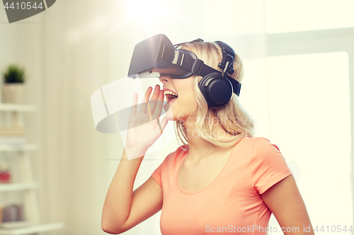 Image of woman in virtual reality headset or 3d glasses