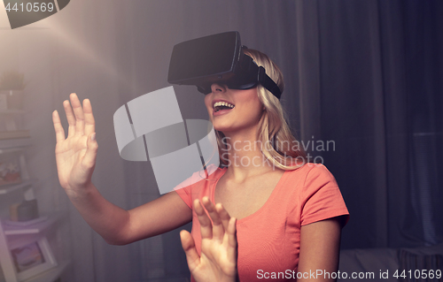 Image of woman in virtual reality headset or 3d glasses