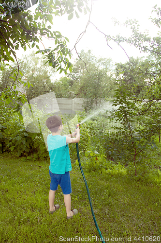 Image of Boy playing with a sprinkler in the garden