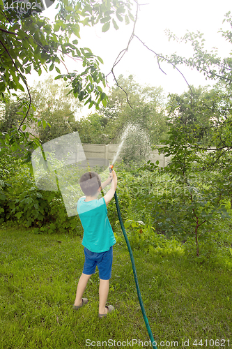 Image of Boy playing with a sprinkler in the garden