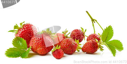 Image of fresh red strawberries with green leaves