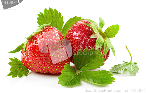 Image of fresh red strawberries with green leaves