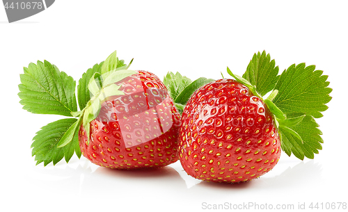 Image of fresh red strawberries with green leaves