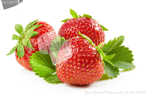 Image of fresh red strawberries with green leaves