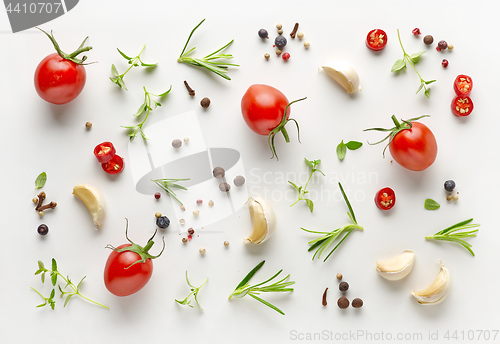 Image of Tomatoes and various herbs and spices