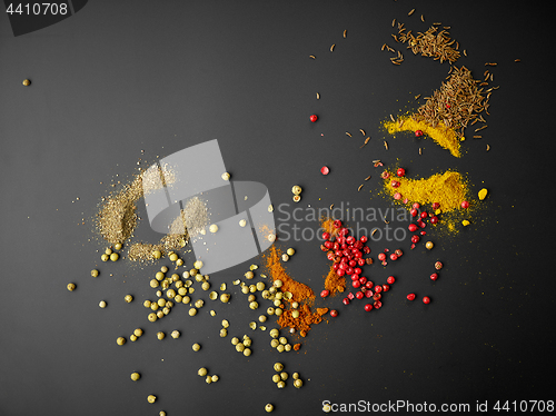 Image of various spices on black background