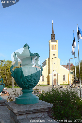 Image of Green urn in front of St John\'s Church, Tallinn, Estonia