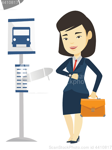 Image of Woman waiting at the bus stop vector illustration.