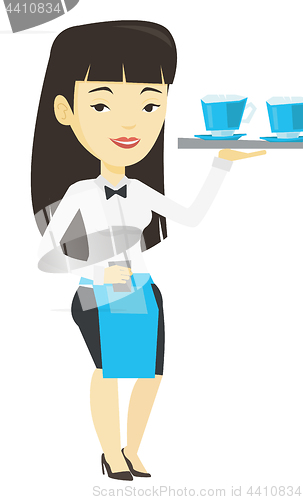 Image of Waitress holding tray with cups of coffeee or tea.