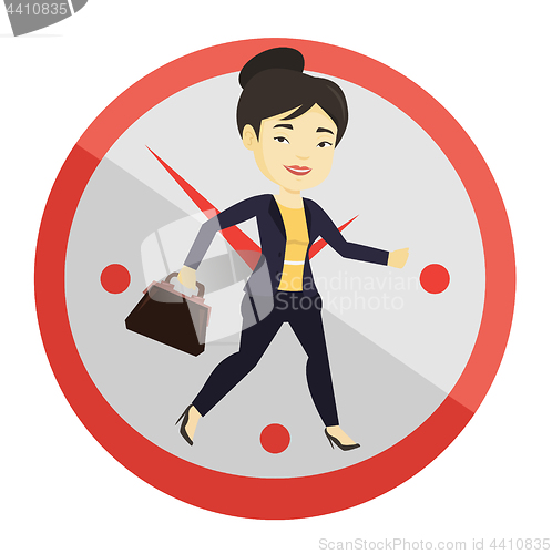 Image of Business woman running on clock background.