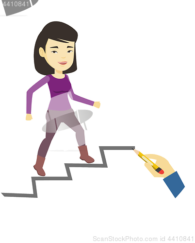 Image of Business woman running up the career ladder.