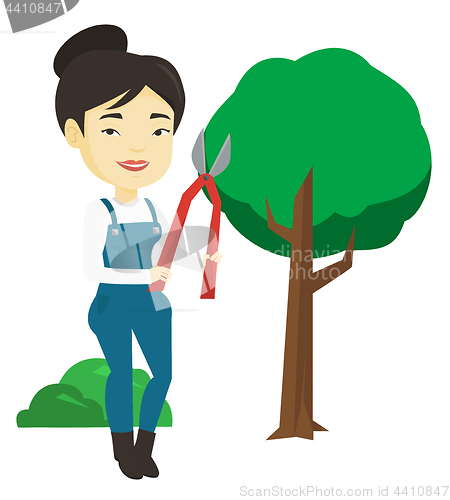 Image of Farmer with pruner in garden vector illustration.