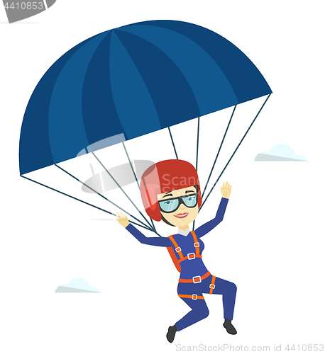 Image of Young happy woman flying with parachute.