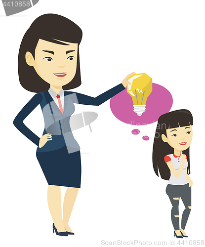 Image of Business woman giving idea bulb to her partner.