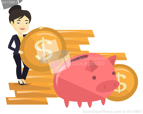 Image of Business woman putting coin in piggy bank.