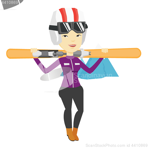 Image of Woman holding skis vector illustration.