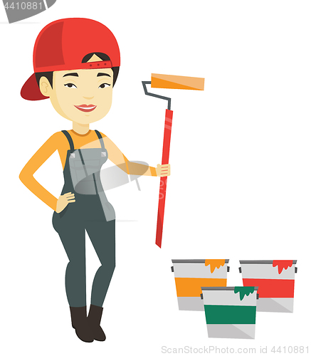 Image of Painter holding paint roller vector illustration.