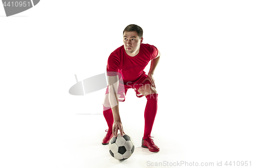 Image of Professional football soccer player with ball isolated white background