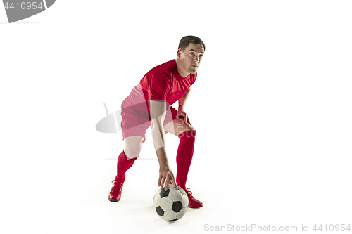 Image of Professional football soccer player with ball isolated white background