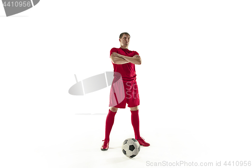 Image of Professional football soccer player with ball isolated white background