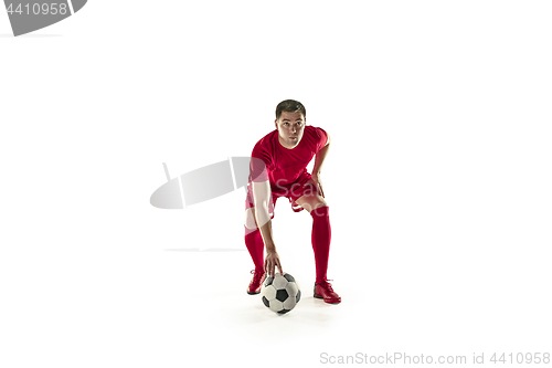 Image of Professional football soccer player with ball isolated white background