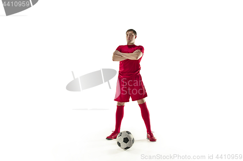 Image of Professional football soccer player with ball isolated white background