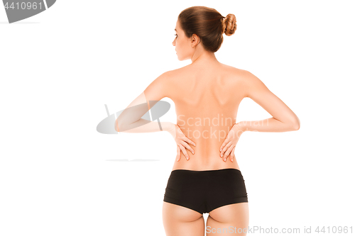 Image of beautiful woman\'s body on white background. isolated nude woman back