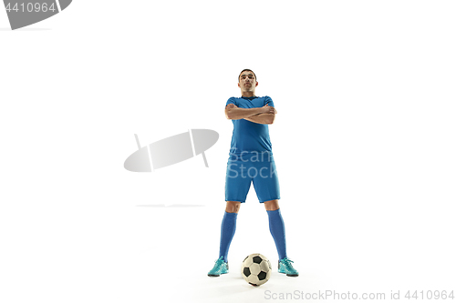 Image of Professional football soccer player with ball isolated white background