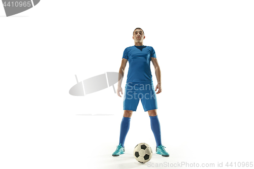 Image of Professional football soccer player with ball isolated white background