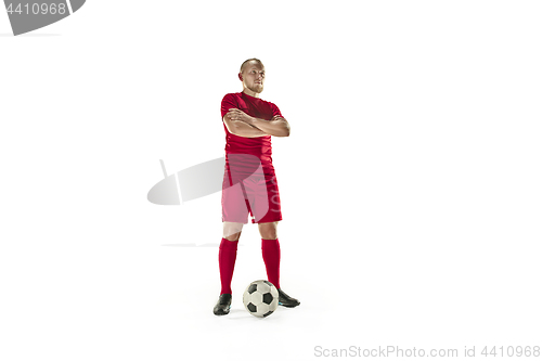 Image of Professional football soccer player with ball isolated white background