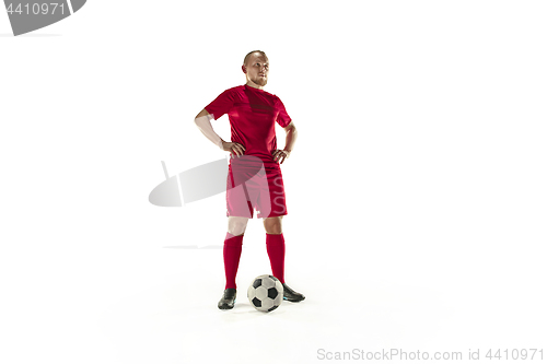 Image of Professional football soccer player with ball isolated white background