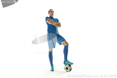 Image of Professional football soccer player with ball isolated white background