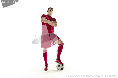 Image of Professional football soccer player with ball isolated white background