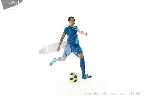 Image of Professional football soccer player with ball isolated white background