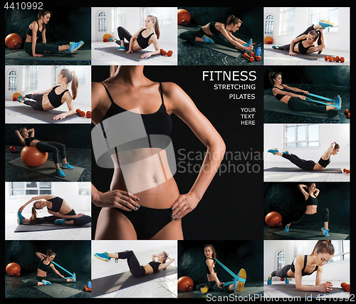 Image of The collage from images of beautiful slim woman doing some gymnastics at the gym