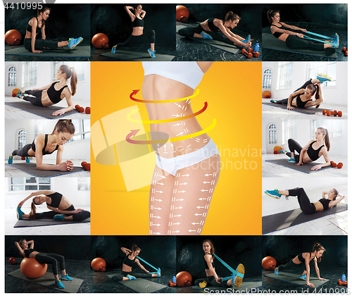 Image of The collage from images of beautiful slim woman doing some gymnastics at the gym