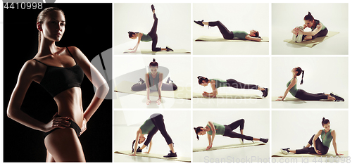 Image of The collage from images of beautiful slim woman doing some gymnastics at the gym