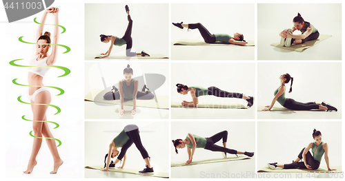 Image of The collage from images of beautiful slim woman doing some gymnastics at the gym