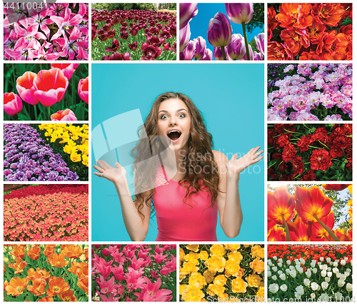 Image of The collage with happy young woman and the meadow with flowers tulips, outdoors