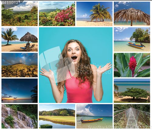 Image of The collage with happy young woman and views of Costa Rica with Arenal Volcano in the background