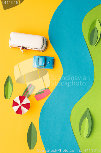 Image of Vintage miniature car and bus in trendy color, travel concept