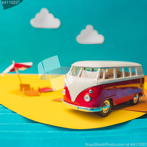 Image of Vintage miniature bus in trendy color, travel concept