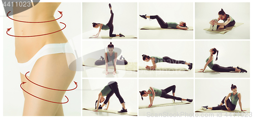 Image of The collage from images of beautiful slim woman doing some gymnastics at the gym