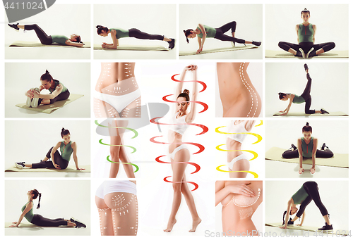 Image of The collage from images of beautiful slim woman doing some gymnastics at the gym