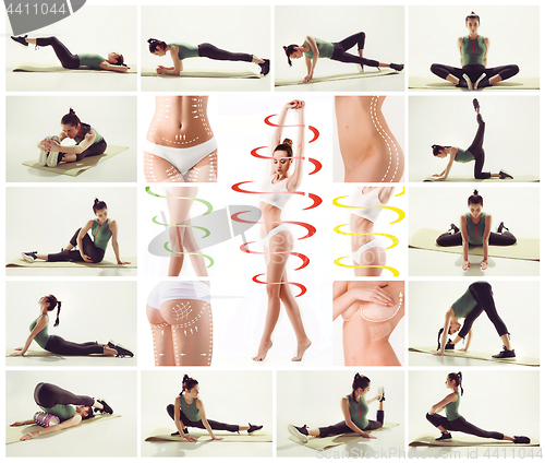 Image of The collage from images of beautiful slim woman doing some gymnastics at the gym