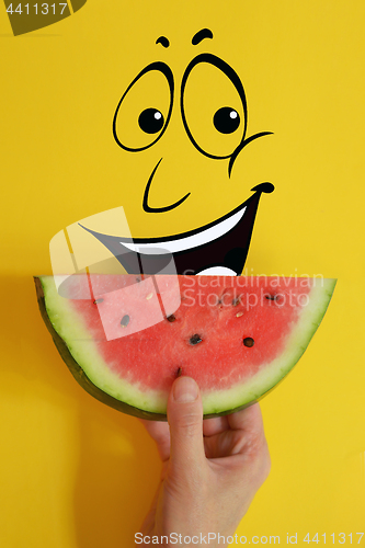 Image of Concept with hand holding watermelon slice